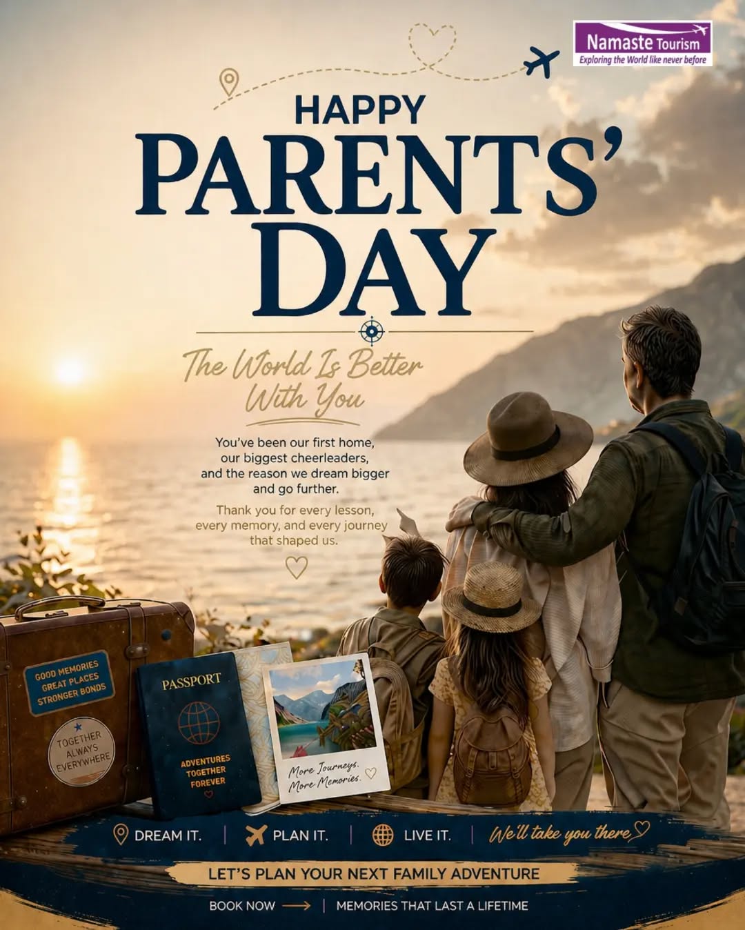 Every journey is better when shared with family. ❤️✈️
This Parents' Day, celebrate the ones who made every adventure unforgettable.
Happy Parents' Day! 🌍💙
#HappyParentsDay #FamilyTravel #TravelTogether #MakingMemories

{ travel, parents, family, memories }