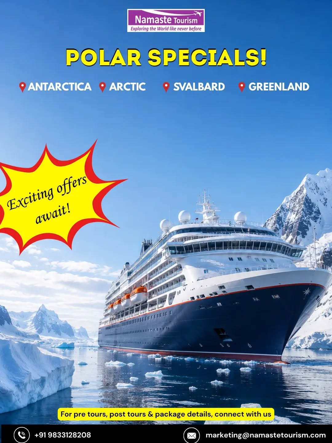Cruise Beyond the Ordinary. ❄️🌍

Explore the breathtaking wilderness of Antarctica, Arctic, Svalbard & Greenland.

Where the world feels truly untouched.

#CruisingSpecials #PolarTravel #NamasteTourism

{ expedition, cruise, offers }