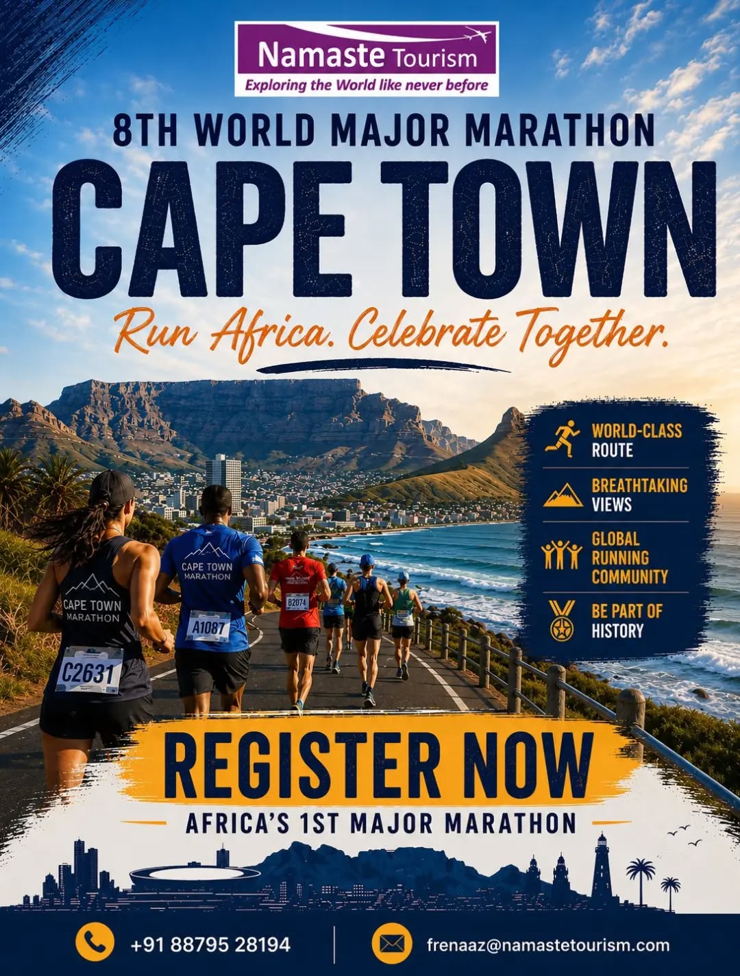 🏃‍♂️🌍 Run Africa. Celebrate Together. 🇿🇦

The wait is over! Experience the 8th World Major Marathon in Cape Town — where iconic routes meet breathtaking views. 🌊⛰️

✨ Africa’s 1st Major Marathon
🏅 Run. Explore. Make History.

Register Now!

#CapeTownMarathon #RunAfrica #WorldMajorMarathon #MarathonTravel