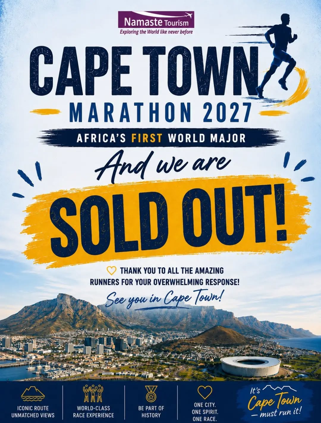 SOLD OUT. JUST LIKE THAT. 🔥🏃‍♀️🏃‍♂️

Cape Town, we’re coming for you! 🇿🇦✨
The entries are gone, the hype is real, and the countdown to race day is officially ON. ⏳🏅

Cape Town Marathon 2027 — see you at the start line! 🌍🔥

#CapeTownMarathon2027 #SoldOut #RunnersOfInstagram #RunningCommunity #RoadToCapeTown