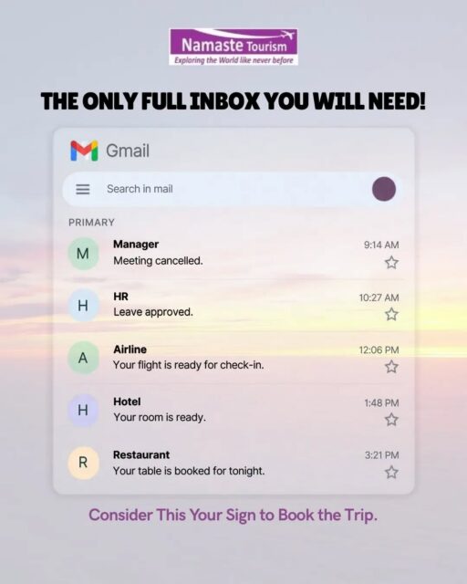 Your inbox is full. Your calendar is packed. Your leave is approved. ✈️🌍 
Now there’s only one thing left to do — book the trip! 

Because sometimes, the best email you can receive is your flight confirmation. 😉

#TravelWithNamaste #BookTheTrip #TravelMore #Wanderlust #HolidayMode

Travel • Holidays • Getaway • Vacation • Travel Planning • Explore More • Trip Booking • Namaste Tourism