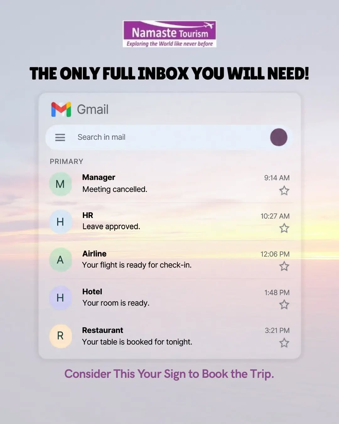 Your inbox is full. Your calendar is packed. Your leave is approved. ✈️🌍 
Now there’s only one thing left to do — book the trip! 

Because sometimes, the best email you can receive is your flight confirmation. 😉

#TravelWithNamaste #BookTheTrip #TravelMore #Wanderlust #HolidayMode

Travel • Holidays • Getaway • Vacation • Travel Planning • Explore More • Trip Booking • Namaste Tourism